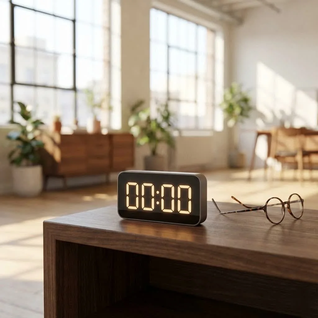 Digital timer with clock displaying time and settings
